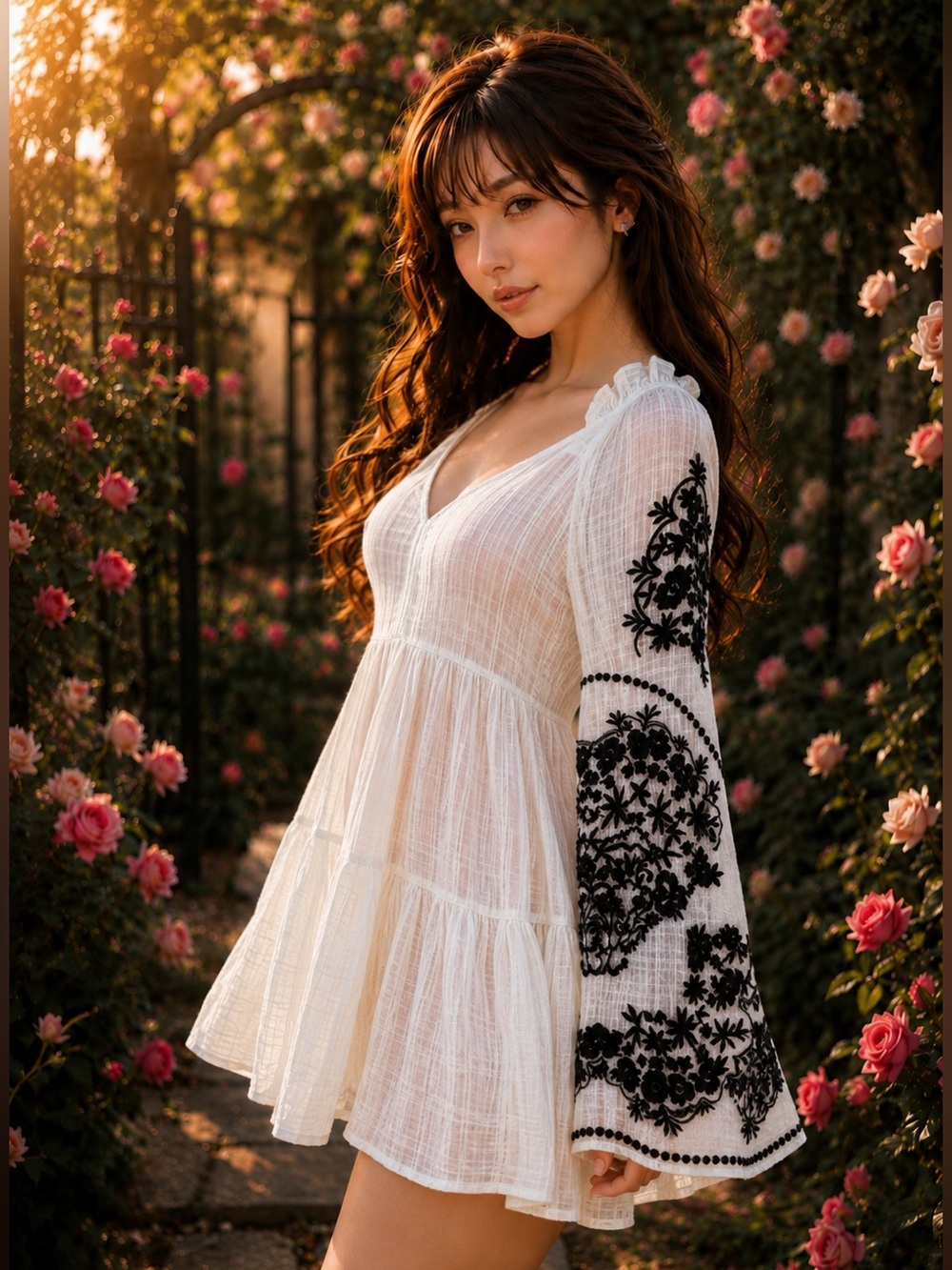 Free People Meadowlight & Moonlace embroidered slv boho gauzy shift dress s/p